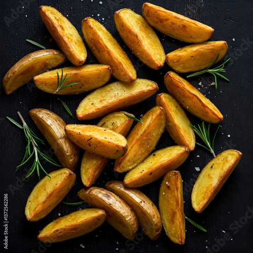 Close-up of delicious potato wedges with fresh rosemary leaves,