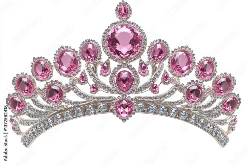 Obraz premium Exquisite tiara with pink gemstones and sparkling diamonds on a pristine white backdrop capturing elegance luxury and royalty in a close up shot