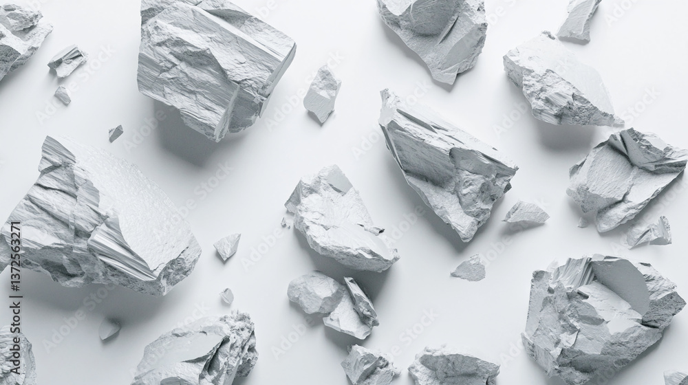 Scattered grey stone fragments on white background, creating a minimalist, textured scene. Suggests fragility, nature, or abstract art Scattered grey stone fragments on white background, creating a minimalist, textured scene. Suggests fragility, nature, or abstract art