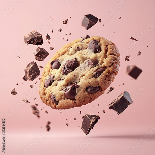 High-resolution food photography of a chocolate chip cookie floating in mid-air, with melted chocolate chunks and cookie crumbs