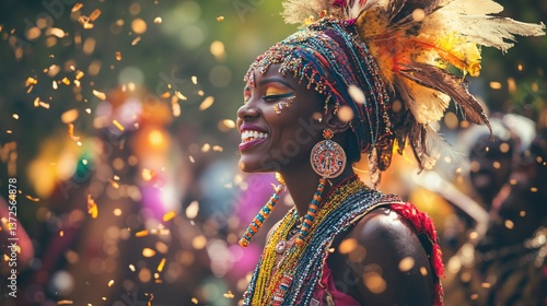 A woman with colorful beads, feathers, and face paint smiles amid falling confetti. Ideal for cultural event articles or festival photography, hinting at carnival celebrations.