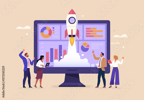 Business Startup Concept. Vector cartoon illustration of rocket launch against background of monitor with graphs and a group of watching people. Isolated on background.