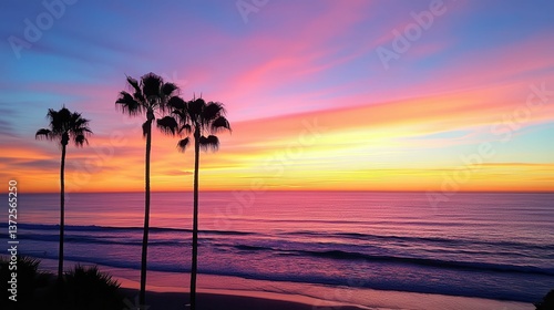 Silhouetted palms frame vibrant sunset ocean.