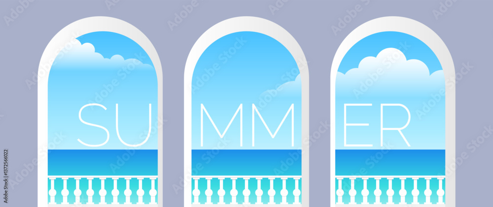 Fototapeta premium balcony arch windows view with balustrade sky sea summer background vector illustration