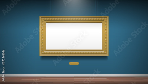 blank golden frame on the blue wall classic museum art gallery interior mock up vector illustration