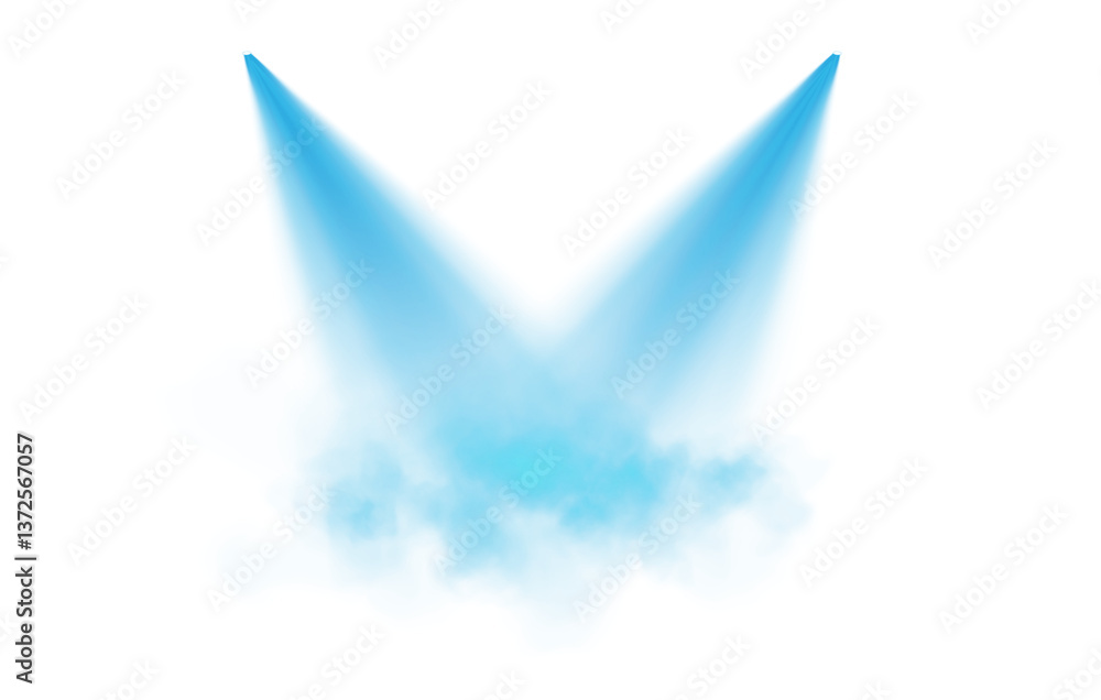 Fototapeta premium Featuring multiple blue spotlights shining at various angles, with light beams diffused through a subtle mist, set against a transparent background. PNG. 
