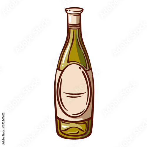 Green glass wine bottle with blank label and cork line icon. Outline hand drawn closed packaging of alcohol product. Wine bar menu, winery mascot, luxury dry champagne bottle icon vector illustration