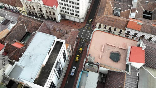 Aerial view of the centro historico of quito during day light with clouds