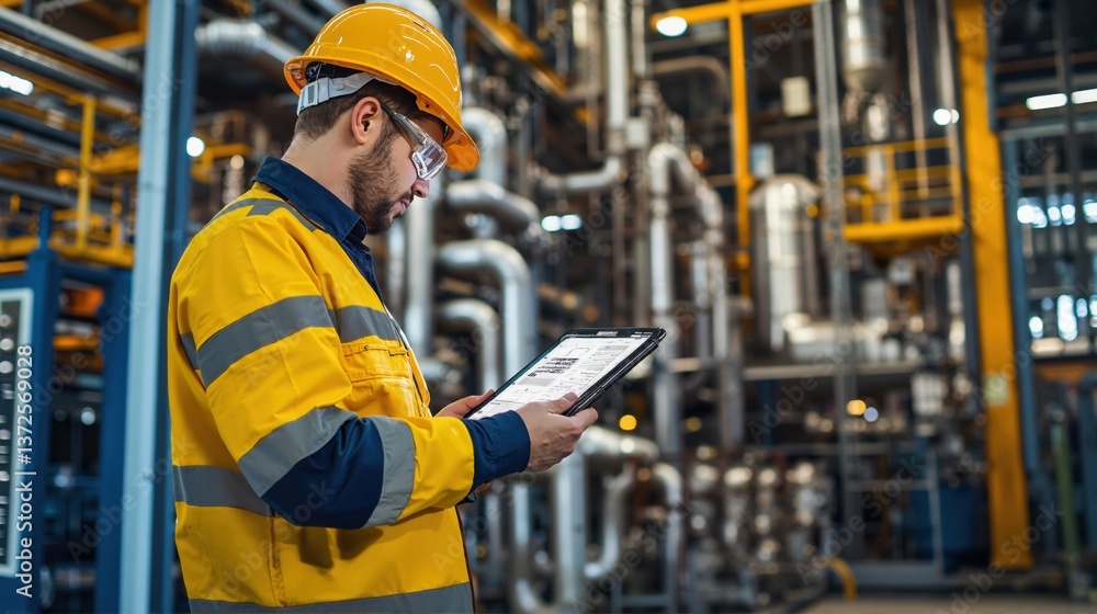 Engineer in safety jacket and hard hat uses tablet inside industrial facility with complex piping. Perfect for factory automation content, industrial inspection visuals, occupational safety materials Engineer in safety jacket and hard hat uses tablet inside industrial facility with complex piping. Perfect for factory automation content, industrial inspection visuals, occupational safety materials