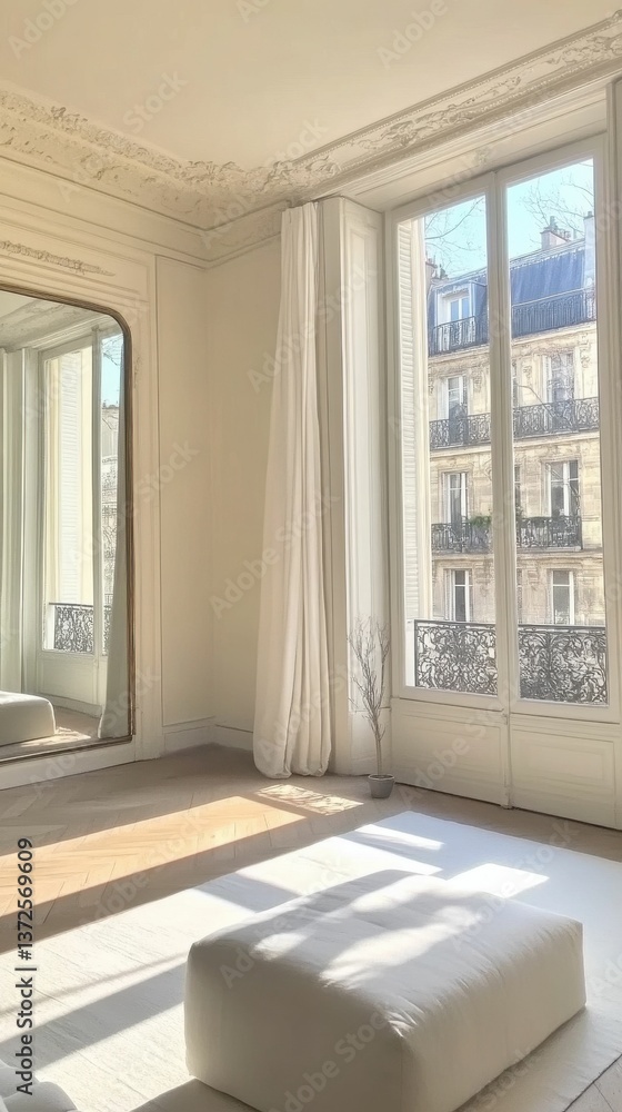 Fototapeta premium Sunlit room, large windows, ornate molding, minimalist furniture.