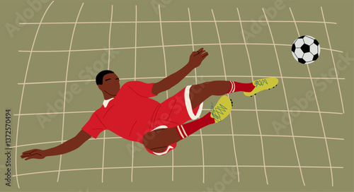 Black Soccer player, sports man football player with ball in action, jumping, falling. African american Male Cartoon character isolated vector illustration