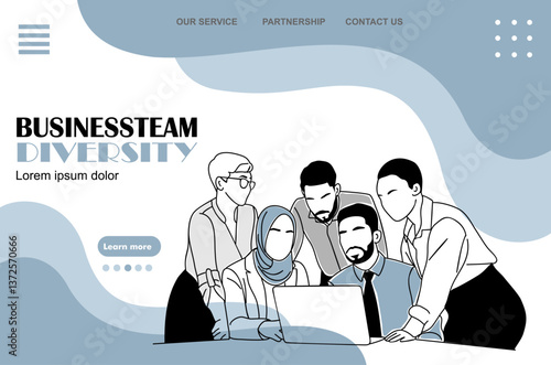 Diverse business team landing page. Website template of human recourses, employment. Teamwork business concept. Flat graphic vector illustration.