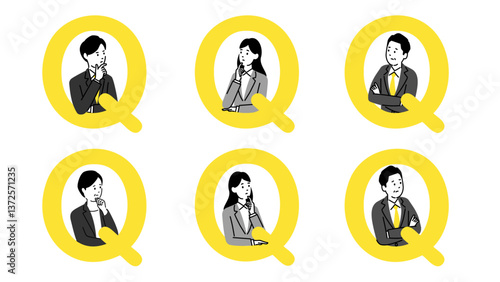 悩むいろいろな人物のイラスト、クエスチョンマーク、ベクター