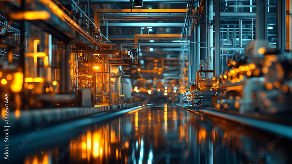 Fototapeta premium vibrant industrial scene showcasing modern manufacturing facility with illuminated machinery and reflective surfaces, creating dynamic atmosphere of productivity and innovation