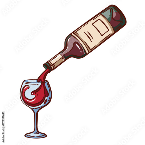 Red wine pouring down with splash in glass line icon. Outline hand drawn tilted bottle to pour grape alcohol into wineglass for tasting. Wine mascot, bar or restaurant menu icon vector illustration