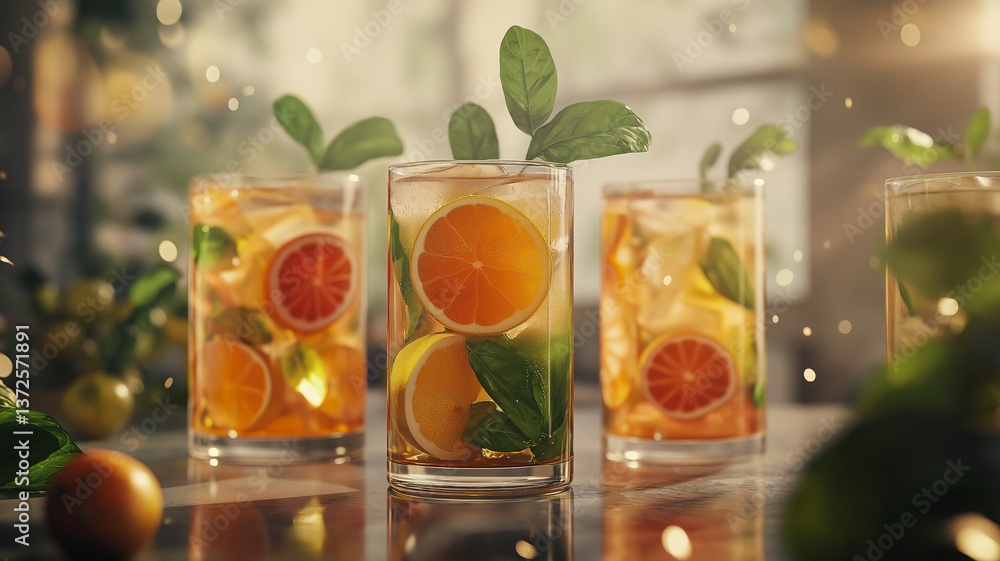 Refreshing drinks with vibrant citrus slices and fresh mint leaves create lively atmosphere, perfect for summer gatherings. sunlight enhances colors, making beverages look even more inviting Refreshing drinks with vibrant citrus slices and fresh mint leaves create lively atmosphere, perfect for summer gatherings. sunlight enhances colors, making beverages look even more inviting