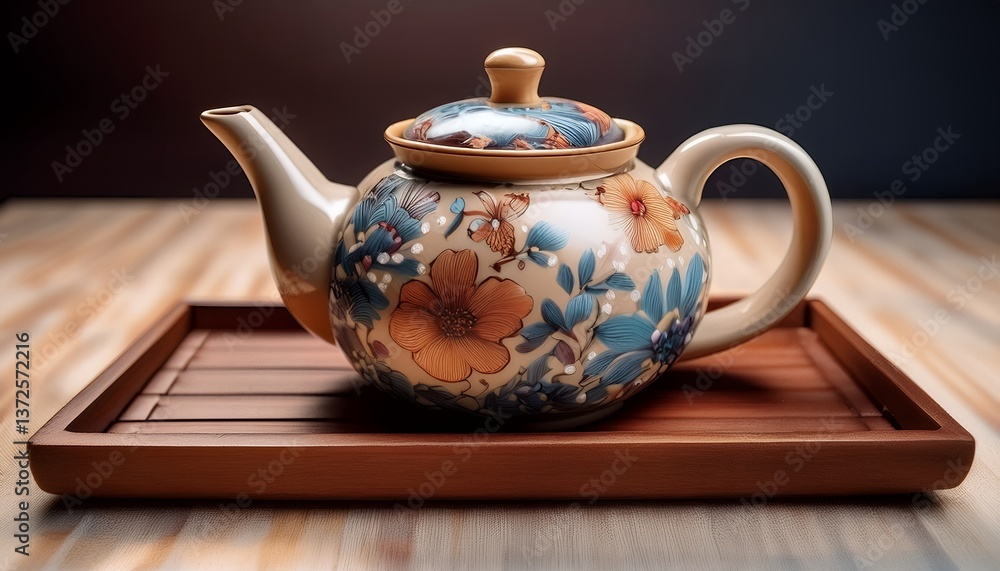 Teapot - A beautifully crafted ceramic teapot with a hand painted floral pattern, resting on a wooden tea tray Teapot - A beautifully crafted ceramic teapot with a hand painted floral pattern, resting on a wooden tea tray