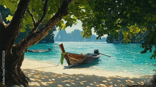 Tropical beach scene, wooden longtail boat, lush trees, serene bay