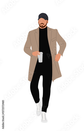 Stylish bearded men wearing autumn street fashion outfit, coat. Handsome Business man walking with takeaway coffee cup. Vector realistic people illustration isolated 