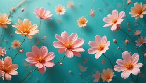 Wallpaper Mural Colorful floral display of pink cosmos flowers against a turquoise background in a nature-inspired setting for a vibrant atmosphere Torontodigital.ca