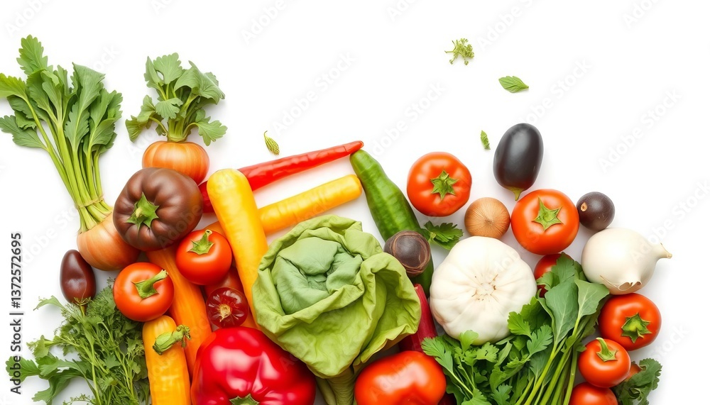 Vibrant assortment of fresh raw vegetables on pristine white background, eating, carrot Vibrant assortment of fresh raw vegetables on pristine white background, eating, carrot