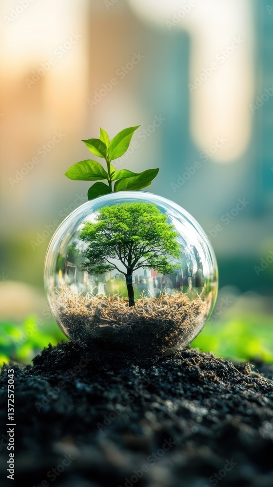A small green tree growing inside a glass sphere A small green tree growing inside a glass sphere