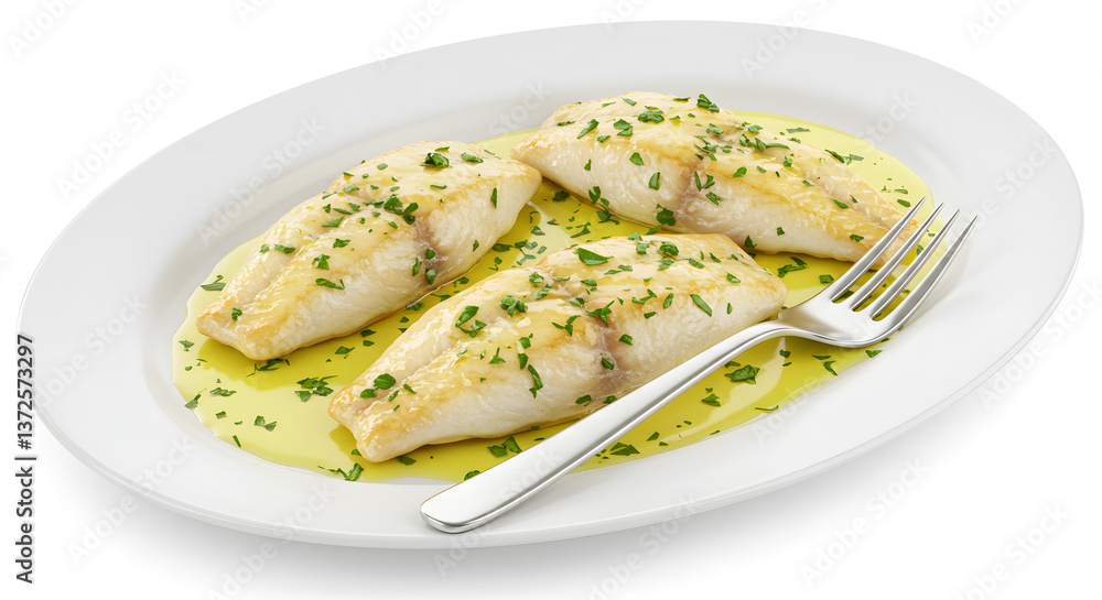 Baked White Fish Fillets with Lemon Butter Sauce on Oval Plate Baked White Fish Fillets with Lemon Butter Sauce on Oval Plate