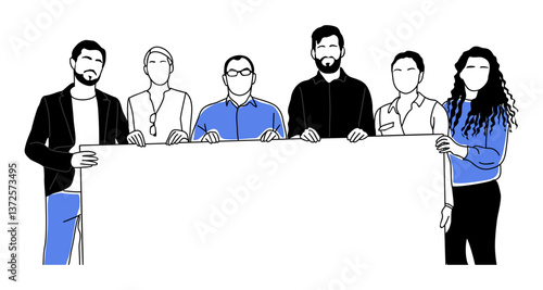 Group of business people holding blank banner, team with empty billboard. Happy men, women with empty placard showing, presenting, demonstrating advertisement. Vector sketch line drawing isolated.