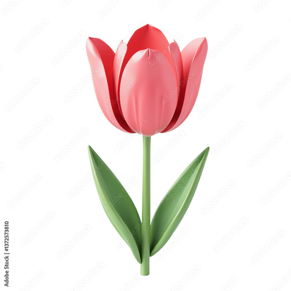 Fototapeta premium Single pink tulip with green leaves, 3D rendering, isolated on black background. Perfect for spring designs.