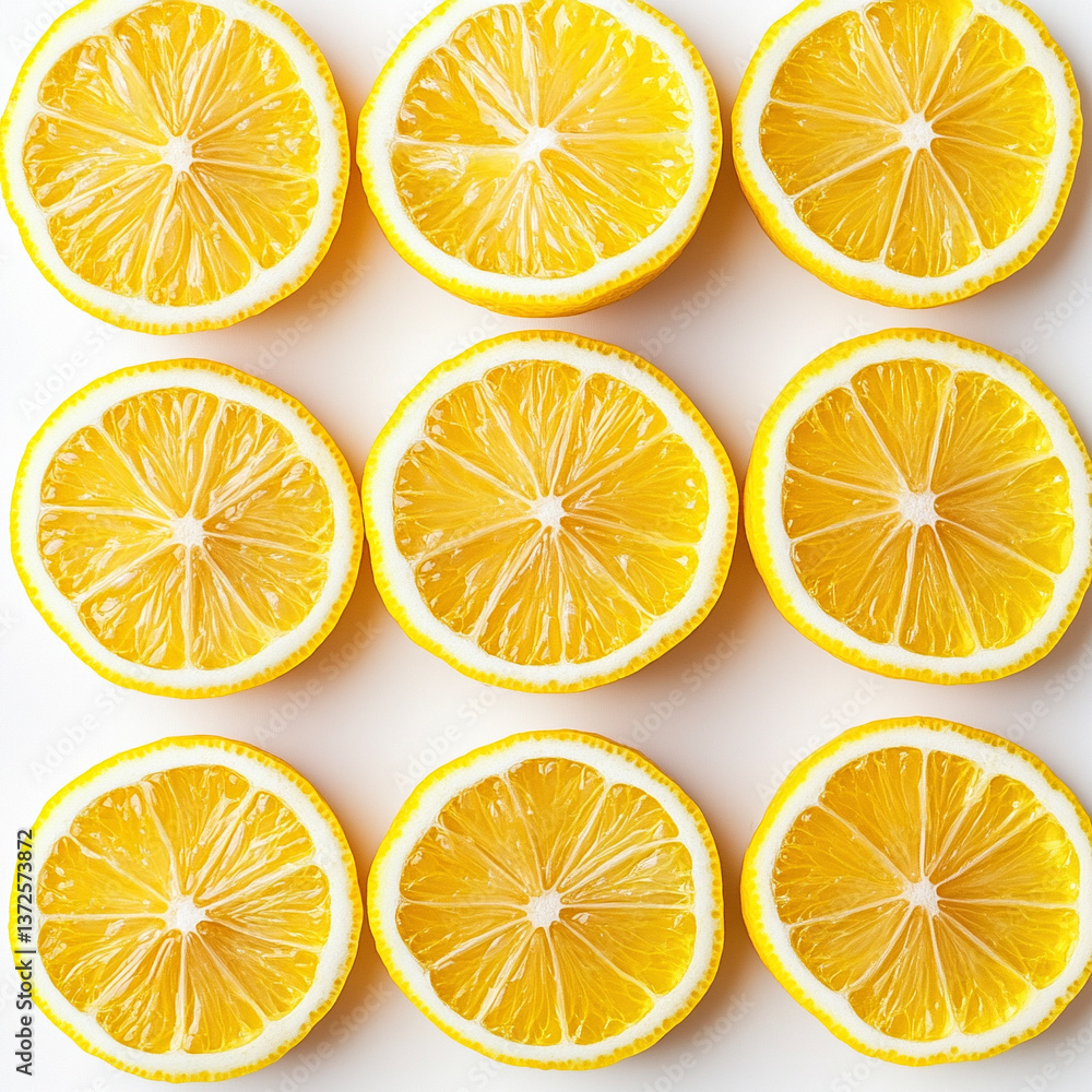 Obraz premium Close-Up View of Fresh, Bright Lemon Slices on a White Background, Shot from Above, Highlighting the Juicy Texture and Vibrant Yellow Color, Ideal for Food Photography and Healthy Living Concepts