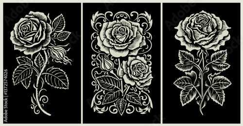 Set of decorative fresh blossoming roses with steam and leaves white on black background. Hand drawn outline flower ornaments. Engraving style Vector monochrome illustration.