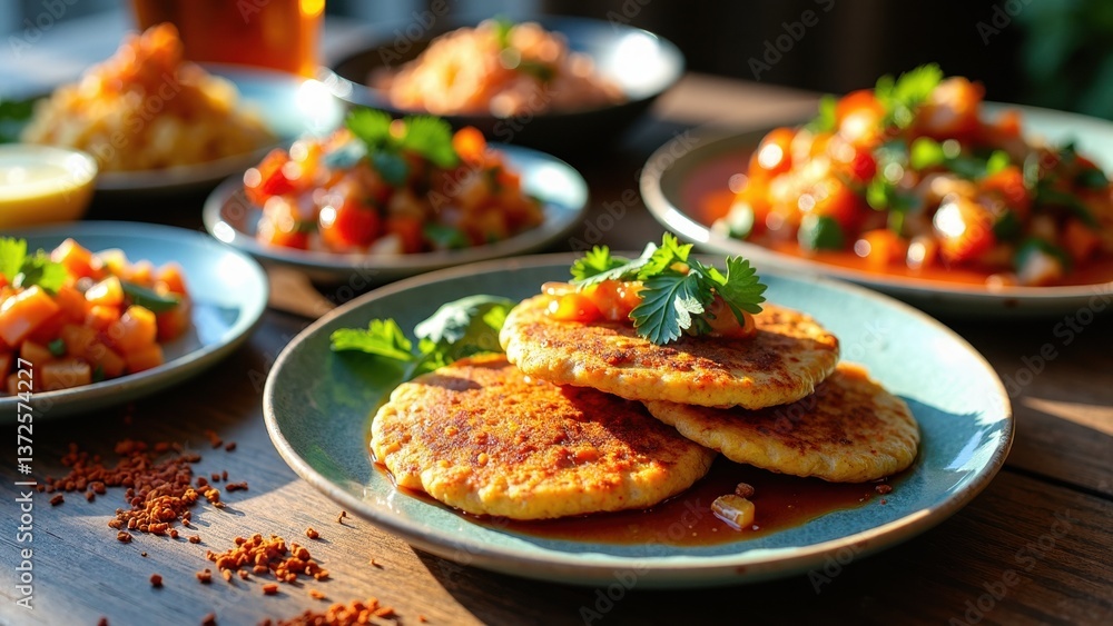 Plate of food with three pancakes and a bowl of salsa. The plate is on a wooden table Plate of food with three pancakes and a bowl of salsa. The plate is on a wooden table