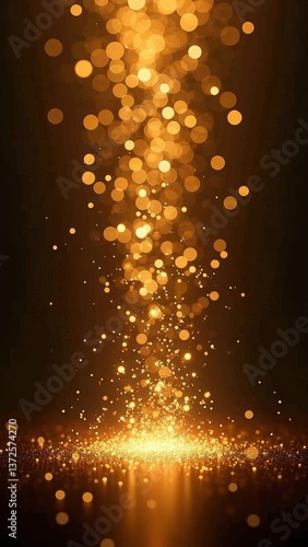 Bright yellow stream of glitter is falling from the sky. The glitter is scattered all over the ground, creating a sparkling effect