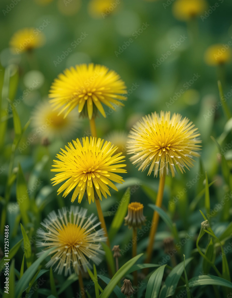 Vibrant yellow flowers blooming amongst green grass in a picturesque meadow Vibrant yellow flowers blooming amongst green grass in a picturesque meadow