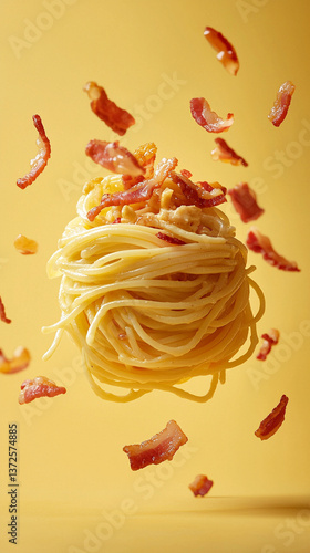 Spaghetti carbonara floating in mid-air, with creamy sauce and crispy bacon pieces suspended around it