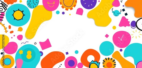 Vibrant flat shapes & doodles, fun abstract banner background, line, doodle