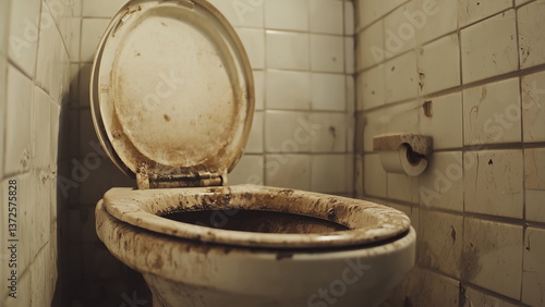 A dirty and under maintain toilet with brown stain and dirt on surfaces and wall, scattered debris, and an unclean floor, grimy appearance