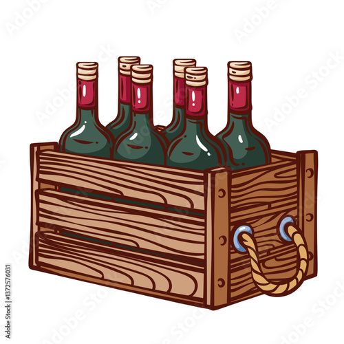 Wooden box with six wine bottles line icon. Outline hand drawn crate with handle to carry fragile glass product. Delivery, store and cellar storage mascot, alcohol export box icon vector illustration