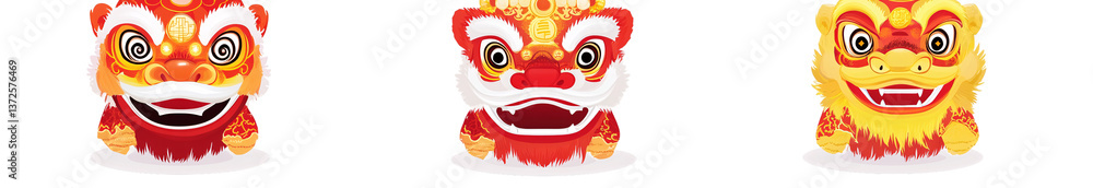 Naklejka premium dragon face mask set, cartoon-style vector illustration on a transparent background