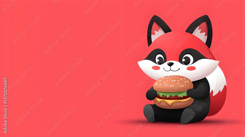 Cute Red Fox Eating a Burger on Red Background Cute Red Fox Eating a Burger on Red Background
