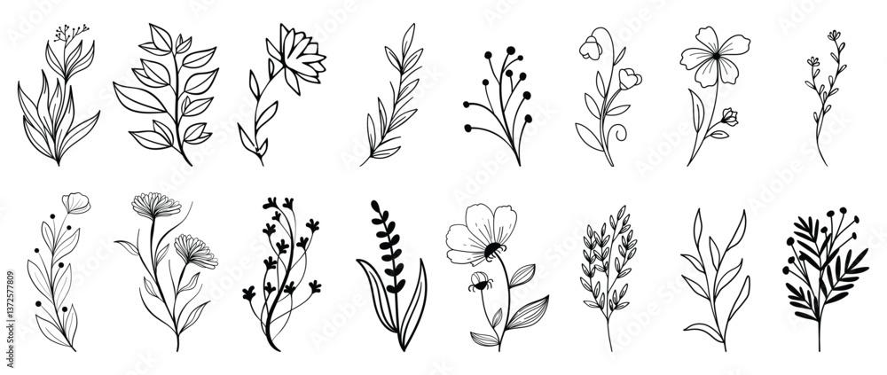 black branch leaf element set. Hand drawn sketch doodle golden leaves floral element for wedding background, elegant design. Vector illustration. black branch leaf element set. Hand drawn sketch doodle golden leaves floral element for wedding background, elegant design. Vector illustration.