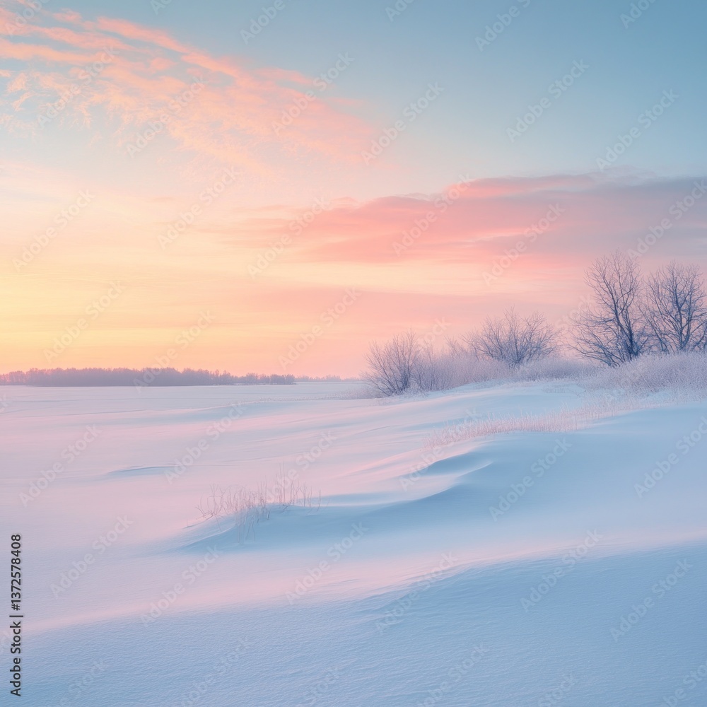 Ethereal winter landscape with soft pastel sky over snow covered fields Ethereal winter landscape with soft pastel sky over snow covered fields