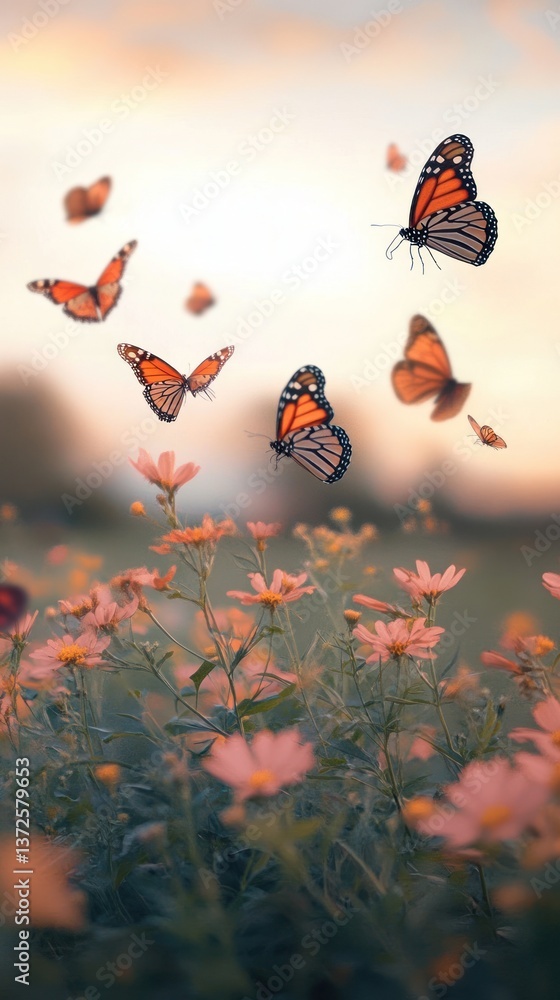 Orange butterflies are flying above a field of flowers at dusk Orange butterflies are flying above a field of flowers at dusk