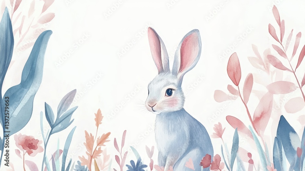 Obraz premium Close up of a watercolor hare surrounded by spring flowers and plants.