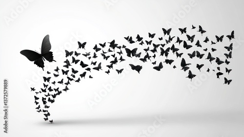 A collection of black butterflies flying against a white background