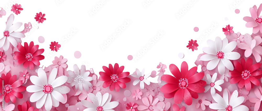 Pink and red paper cutout-style daisies border a transparent background Pink and red paper cutout-style daisies border a transparent background