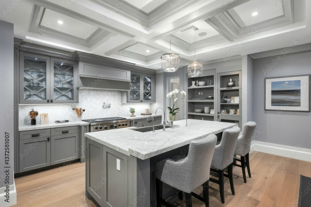 Fototapeta premium A modern kitchen with gray cabinets white marble countertops and a coffered ceiling design overhead