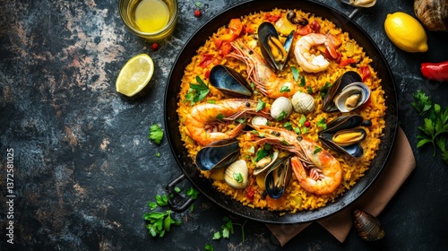 Delicious seafood paella with prawns clams mussels on saffron rice and vegetables in traditional frying pan