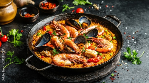 Delicious seafood paella with prawns clams mussels on saffron rice and vegetables in traditional frying pan