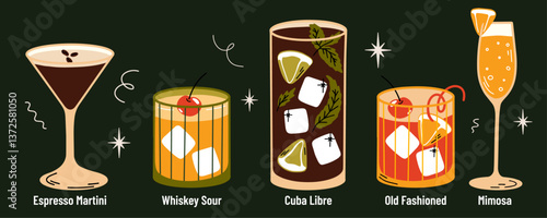 Classical alcohol cocktails vector illustrations set cartoon retro groovy funky style. Collection of various summer fancy party drinks in different shapes glasses. Martini, wiskey sour, cuba libre